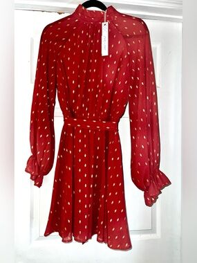 She + Sky Red Long-Sleeve Belted Dress with Gold Dot Detail